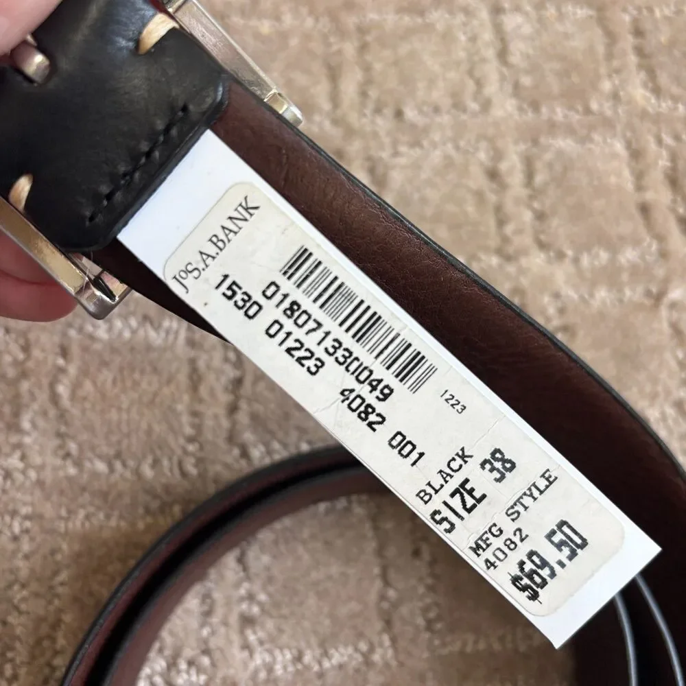 Jos. A Bank Leather Belt Mens Size 38 Black Silver Hardware Classic Preppy NWT
